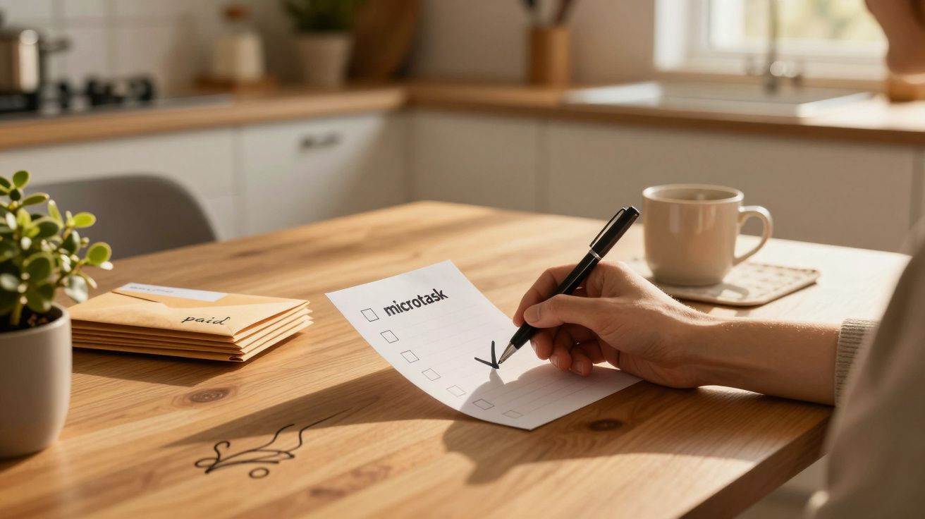 Pessoa assinala uma lista de verificação numa mesa de madeira, ao lado de uma planta e uma chávena de café.