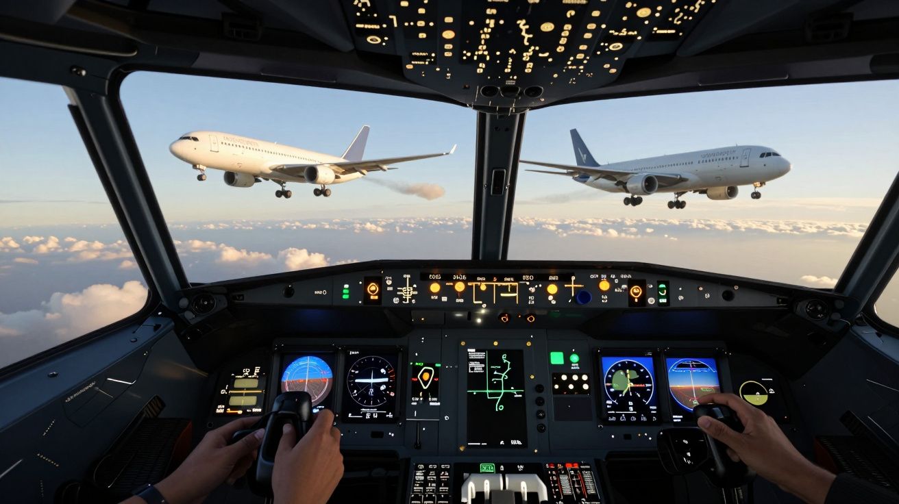 Vista do cockpit de avião com dois aviões a voar ao fundo sobre um mar de nuvens.
