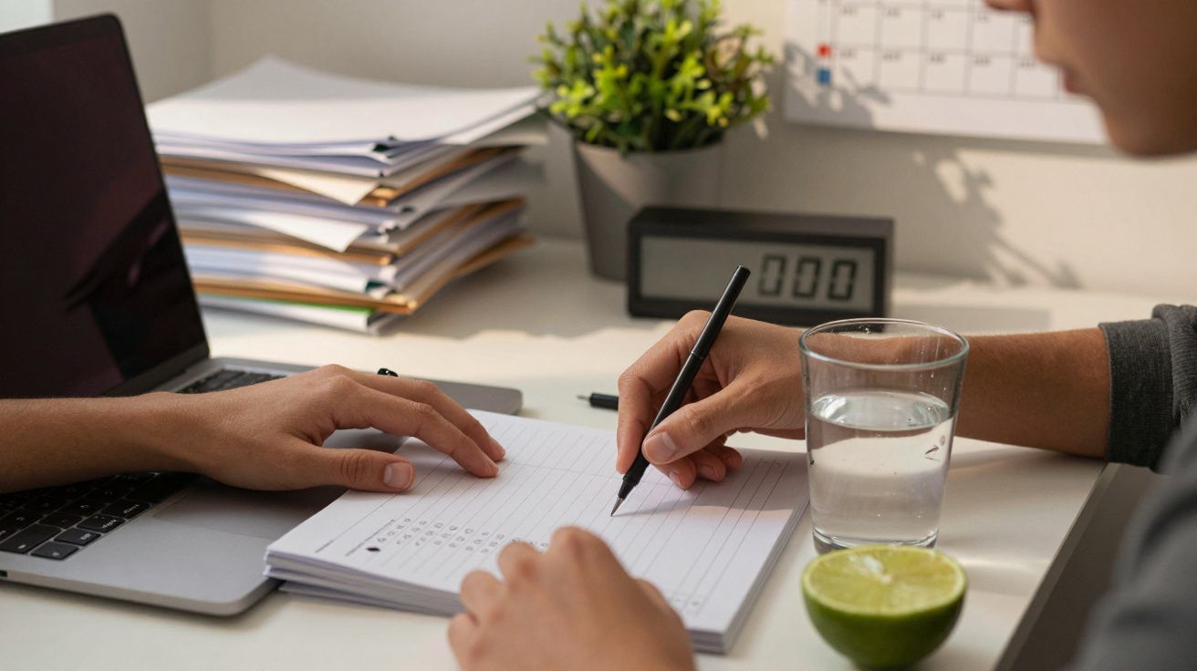 Mãos escrevendo num caderno ao lado de um copo de água, uma lima, um portátil e um relógio num escritório.