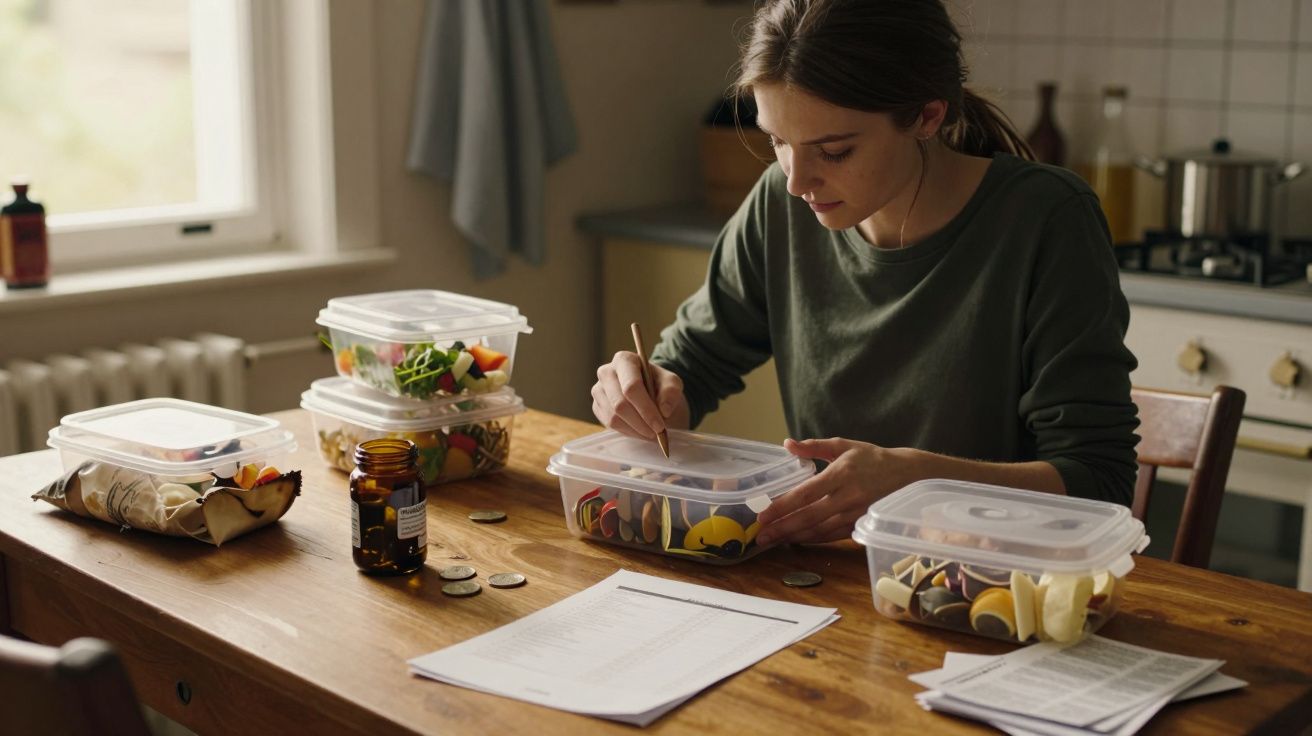 Mulher sentada à mesa a organizar refeições em caixas de plástico na cozinha, com moedas e papel à volta.