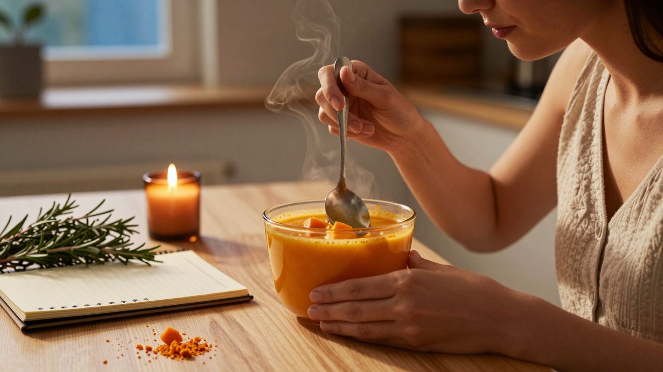 Mulher segura tigela de sopa quente numa mesa, com caderno, ramo de alecrim e vela acesa ao lado.