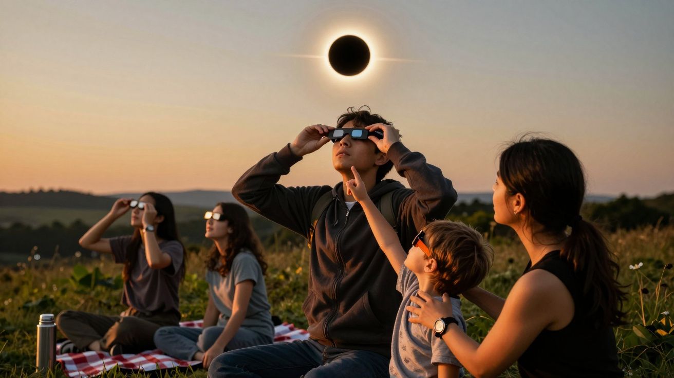 Família observa eclipse solar com óculos de proteção sentada num campo ao pôr-do-sol.