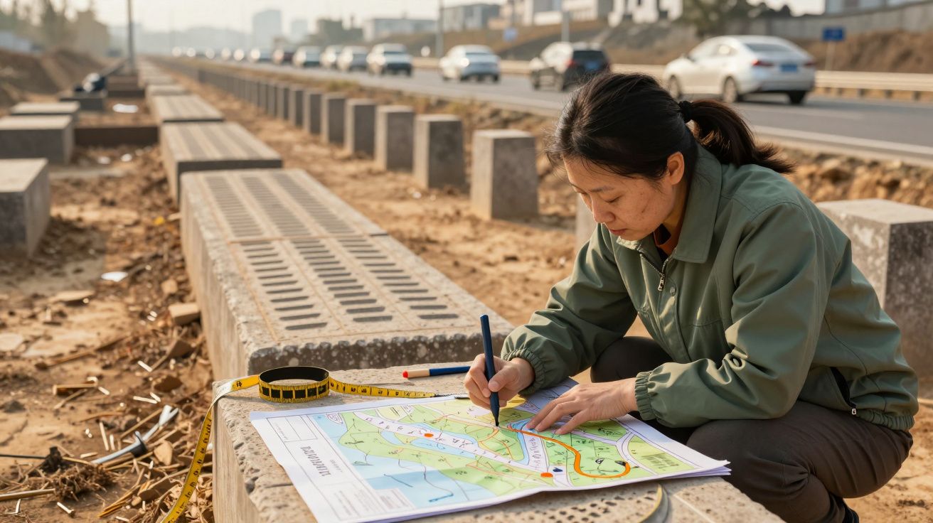Mulher analisa mapa numa estrada em construção, com fita métrica ao lado, sob céu claro.