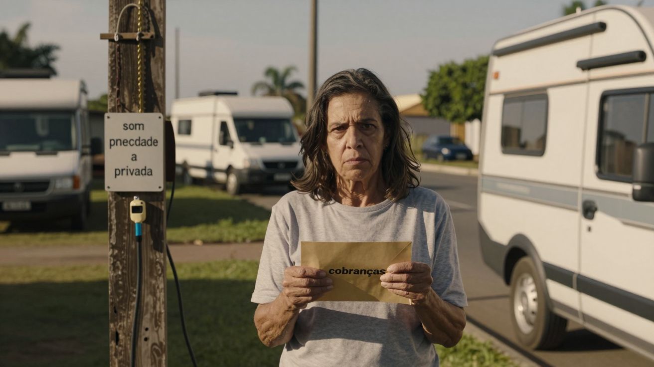 Mulher segura envelope de "cobranças" em parque de caravanas, placa de aviso ao lado.