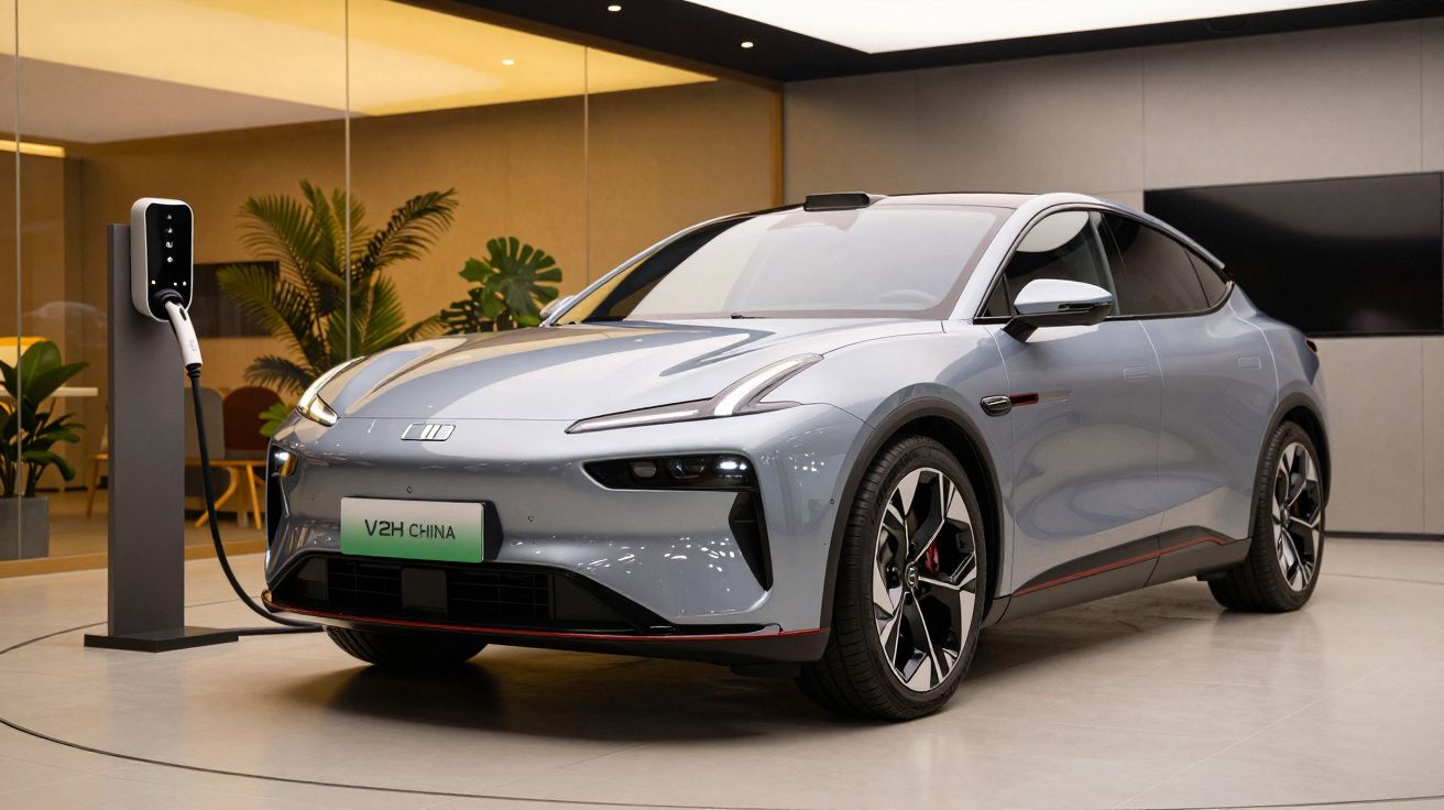 Carro elétrico prateado a carregar numa estação em ambiente moderno e iluminado.