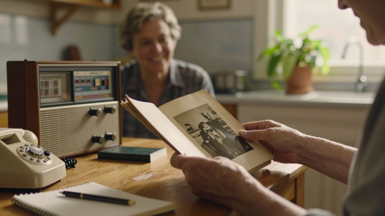 Pessoa idosa folheia álbum de fotos antigas na cozinha, com um rádio vintage e telefone sobre a mesa.
