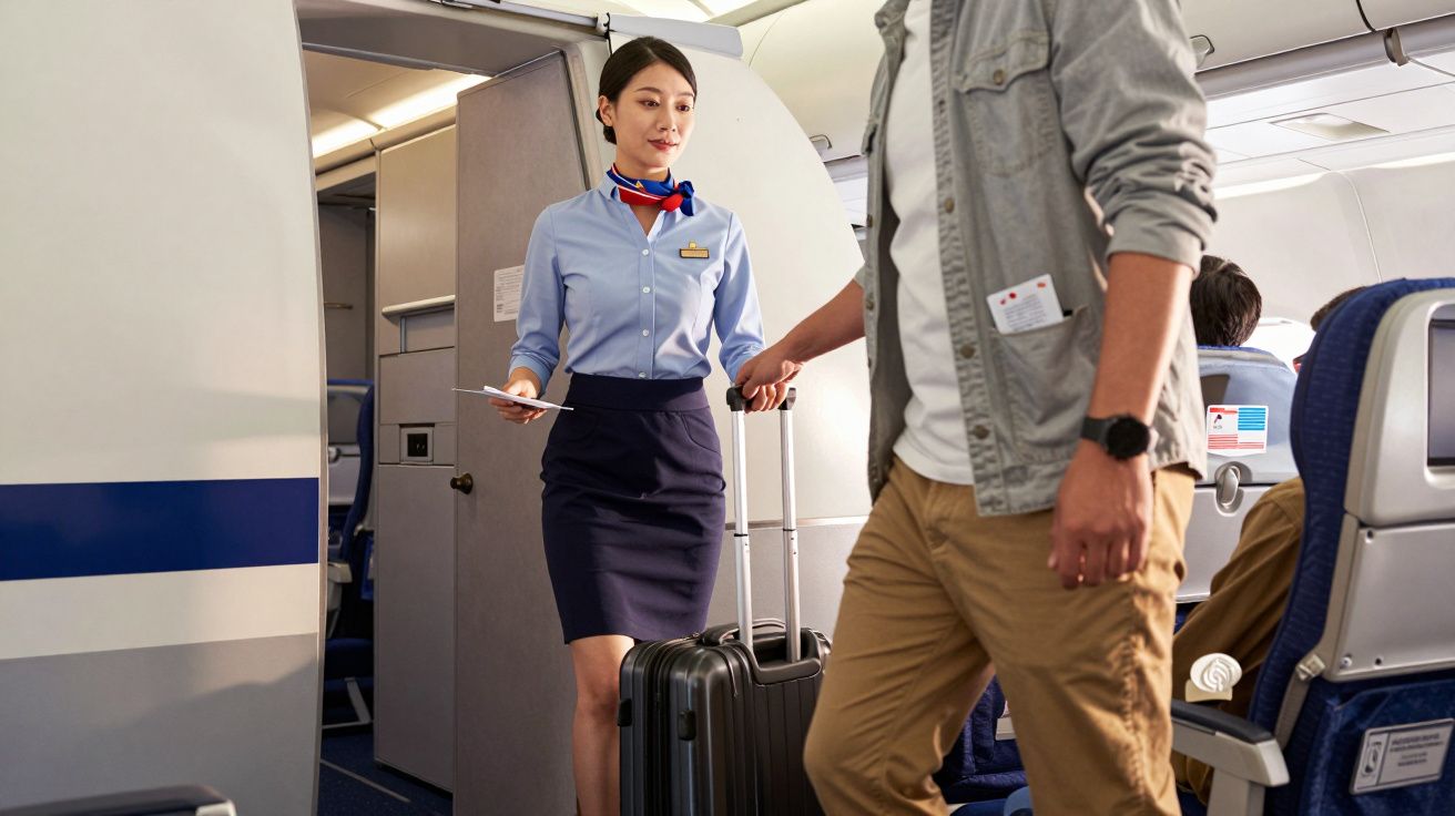 Hospedeira de bordo num avião, usando uniforme azul, passando por um passageiro com uma mala de mão no corredor.