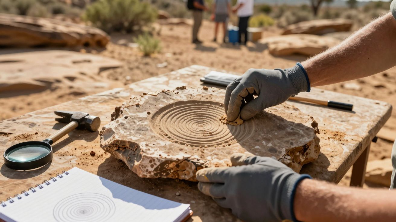 Pessoa com luvas examina fóssil em mesa de pedra, com ferramentas e caderno ao lado, em ambiente desértico.