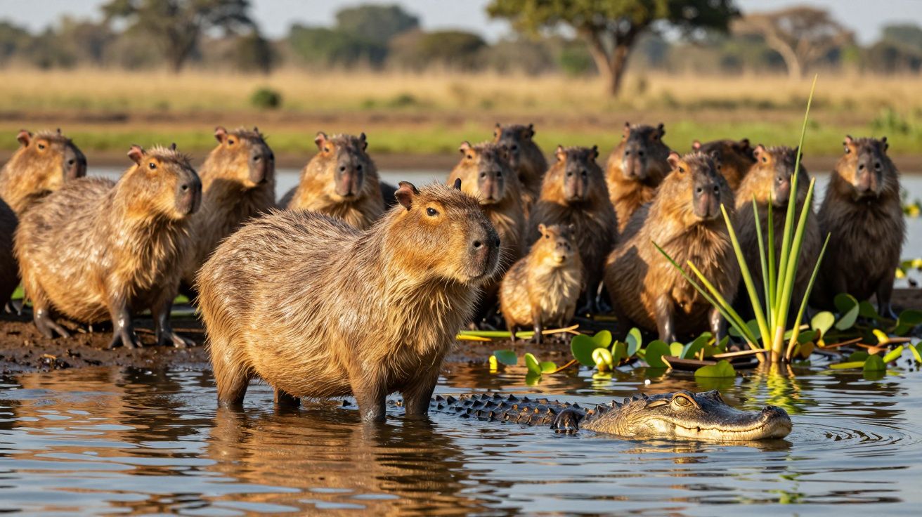 Capivaras numa lagoa com jacaré, cercadas por vegetação aquática, em cenário natural ao ar livre.