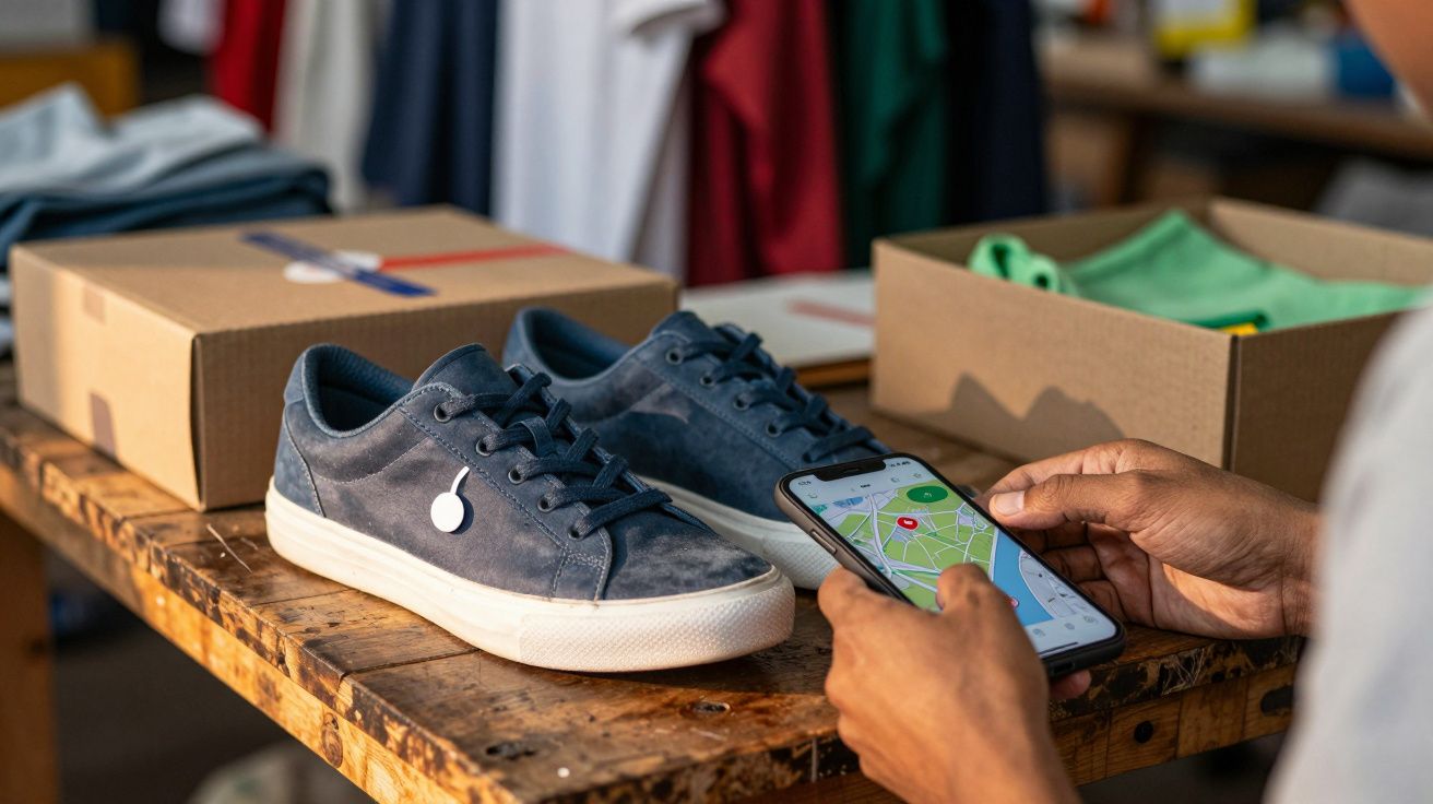 Sapatos azuis sobre mesa de madeira, caixa aberta ao lado, pessoa segurando telemóvel com mapa.