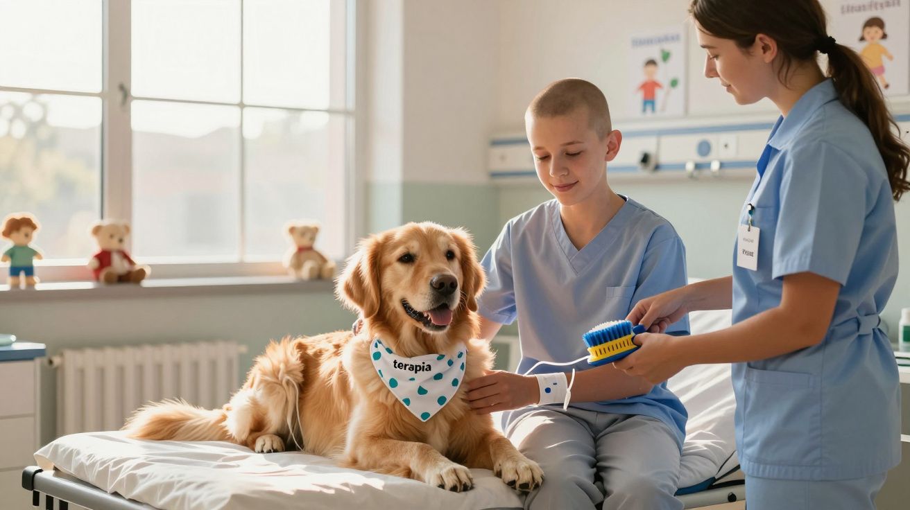 Cão de terapia em cama de hospital com criança e enfermeira numa sala iluminada pelo sol.