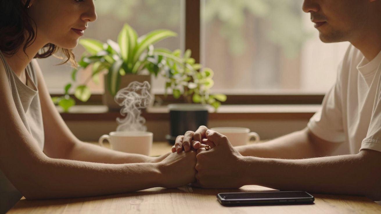Duas pessoas sentadas frente a frente, segurando as mãos em cima de uma mesa com chávenas de café ao fundo.