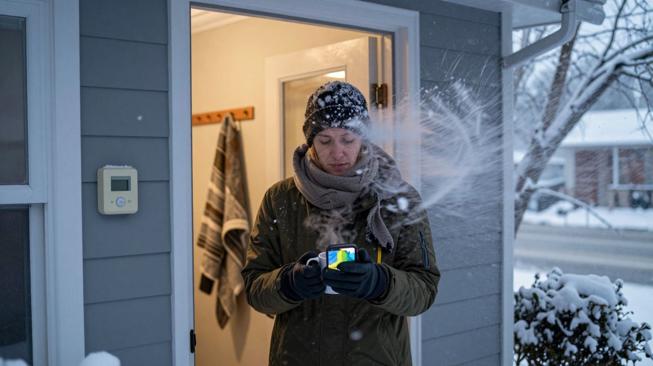 Homem usando smartphone na varanda nevando, segurando bebida quente, com neve a soprar pelo ar.