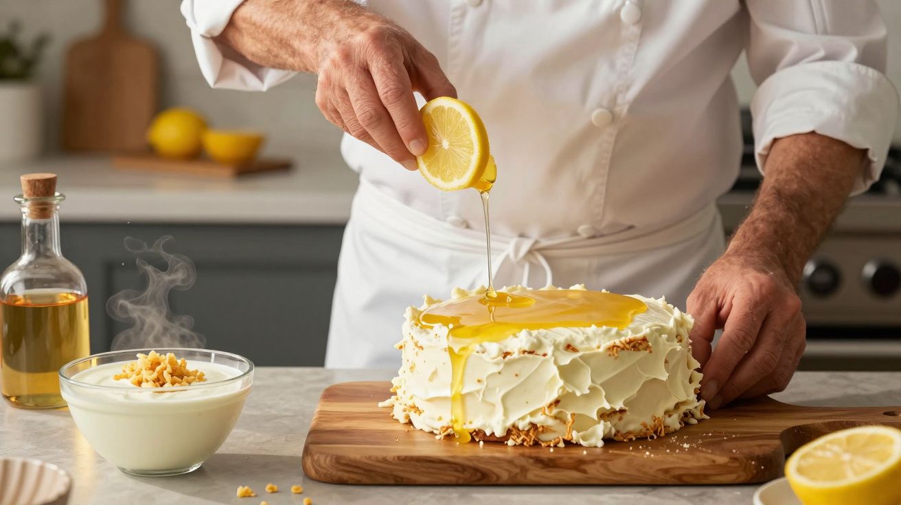 Chef a decorar bolo com cobertura de limão numa cozinha. Há uma tigela de creme e uma garrafa de óleo ao lado.