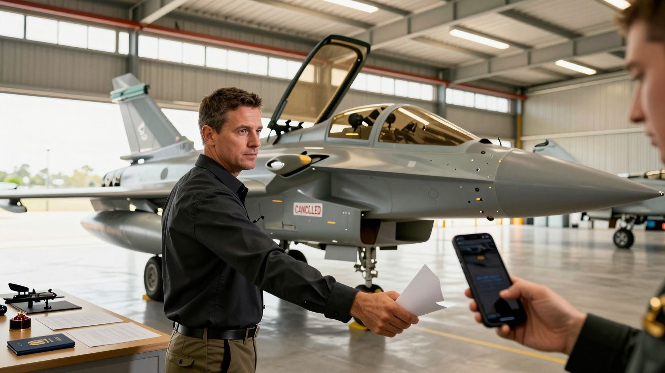 Homem numa oficina, apresentando documentos ao lado de um jato cinzento.