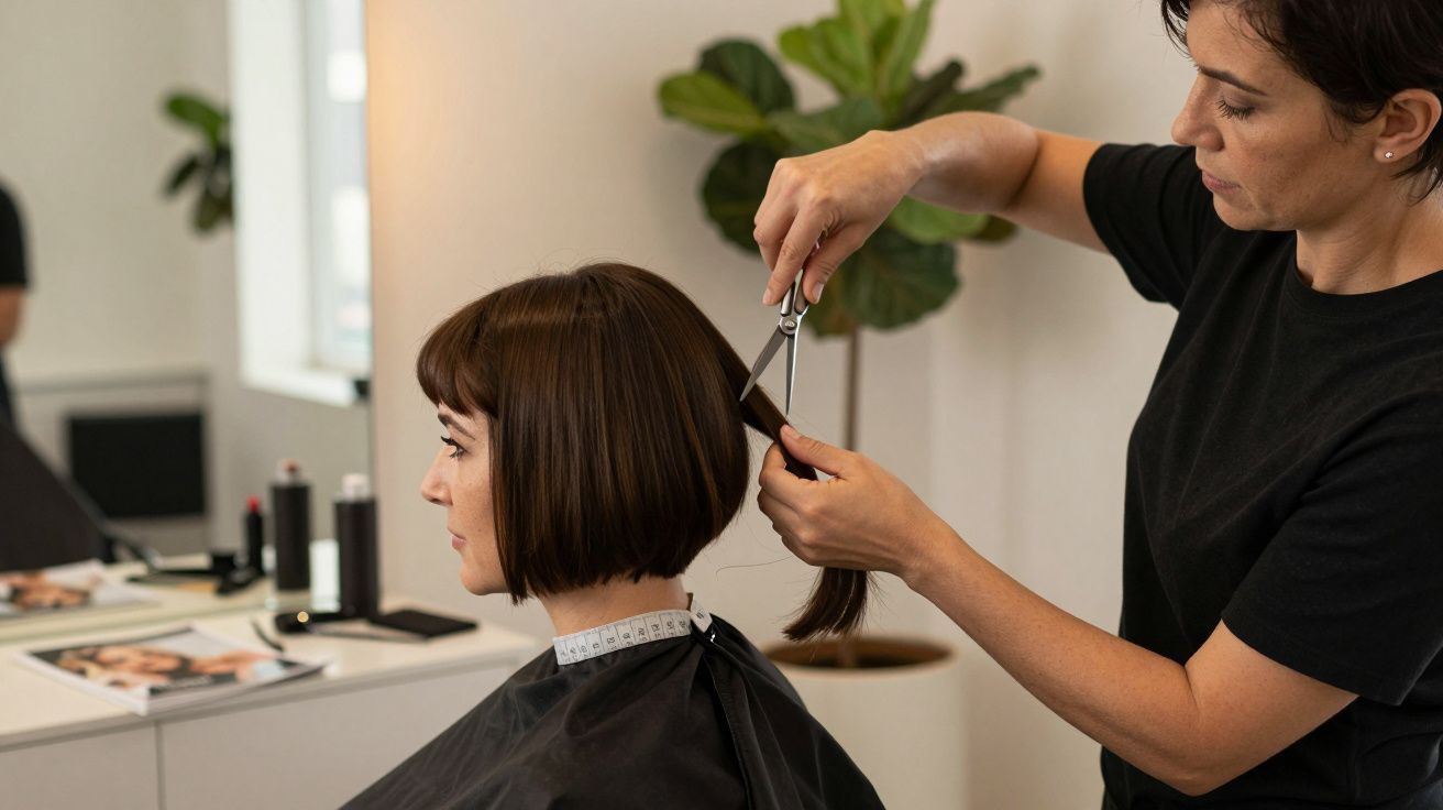 Cabeleireira corta cabelo castanho e liso de mulher sentada em salão moderno.