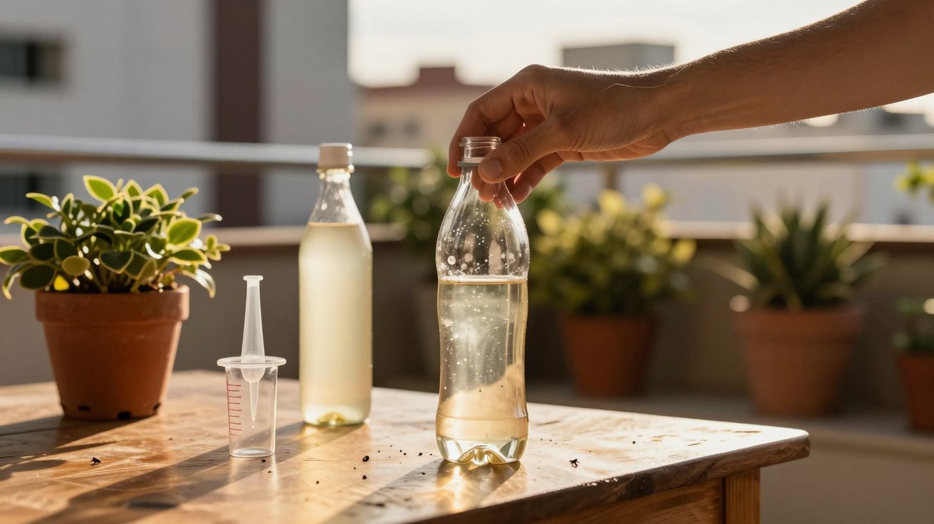 Mão segura garrafa de plástico com líquido ao sol numa mesa, ao lado de plantas em vasos e uma seringa.