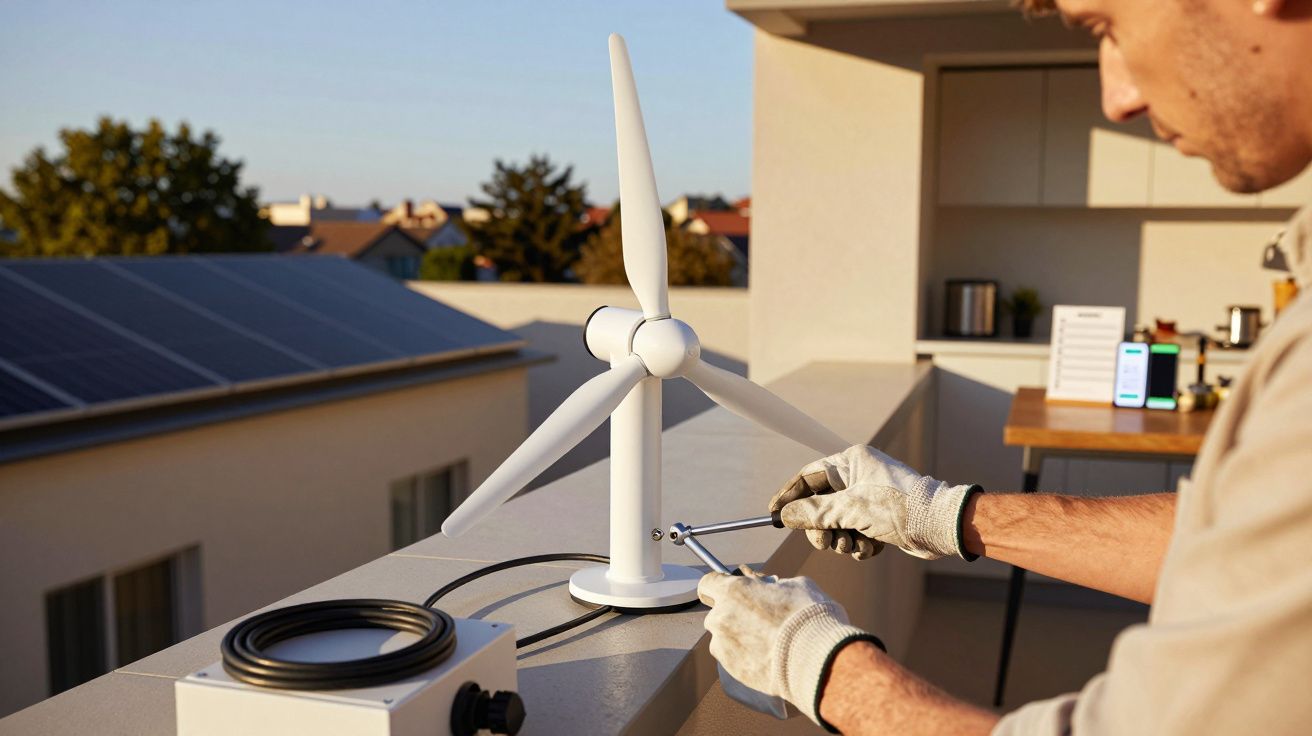 Homem ajusta turbina eólica em telhado com painel solar ao fundo.