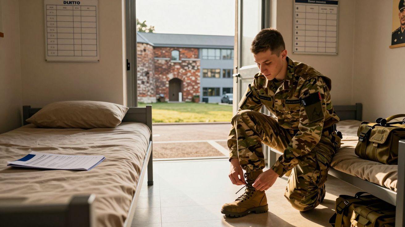 Soldado em farda camuflada ata botas num quarto com cama e mochila ao lado, porta aberta para área externa.