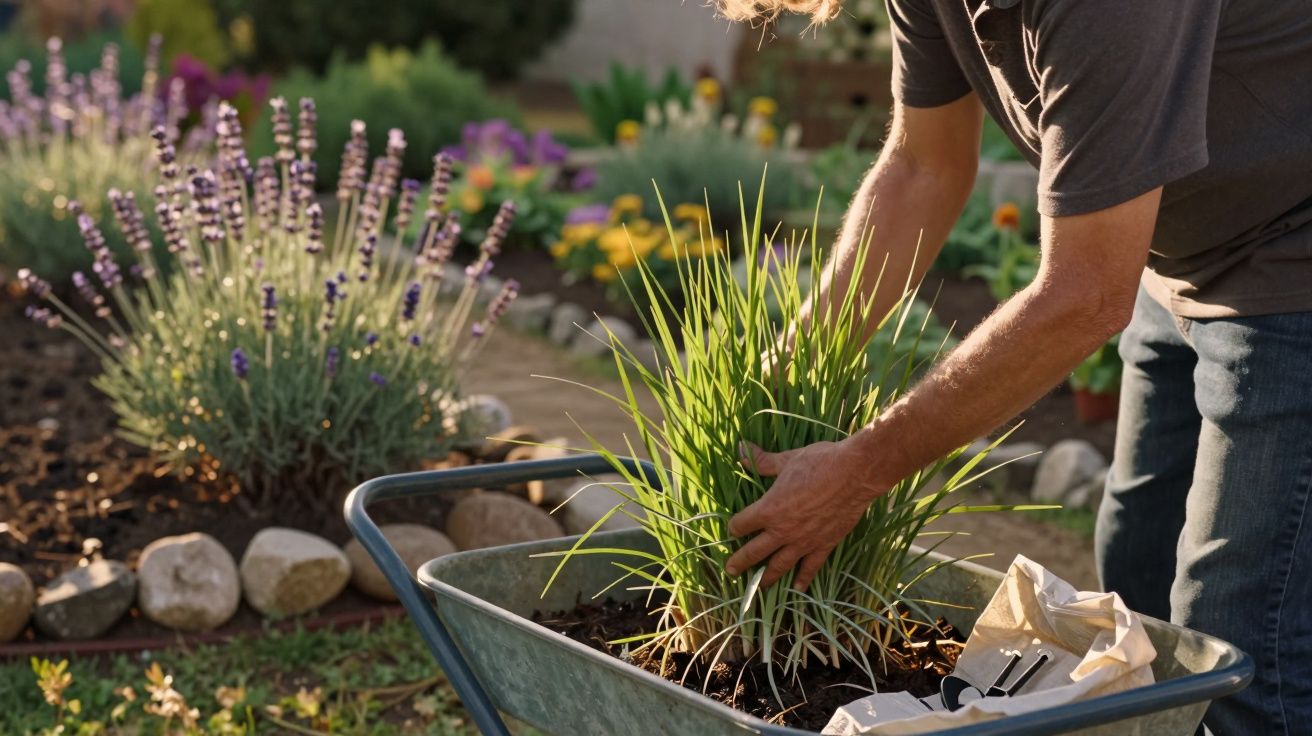 Pessoa a cuidar de plantas num carrinho de mão num jardim florido.