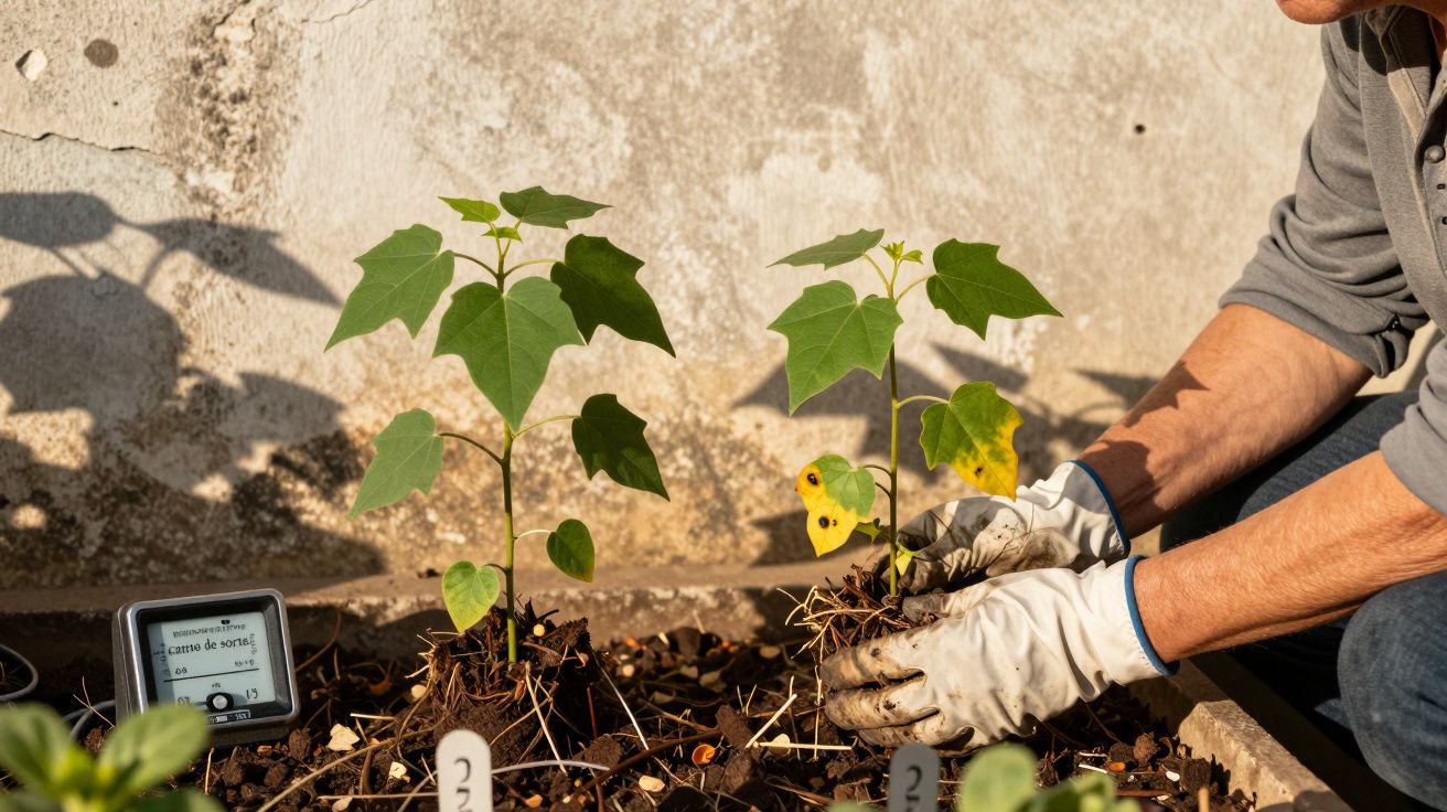 Pessoa de luvas cuidando de plantas jovens num canteiro, com um medidor de solo visível à esquerda.