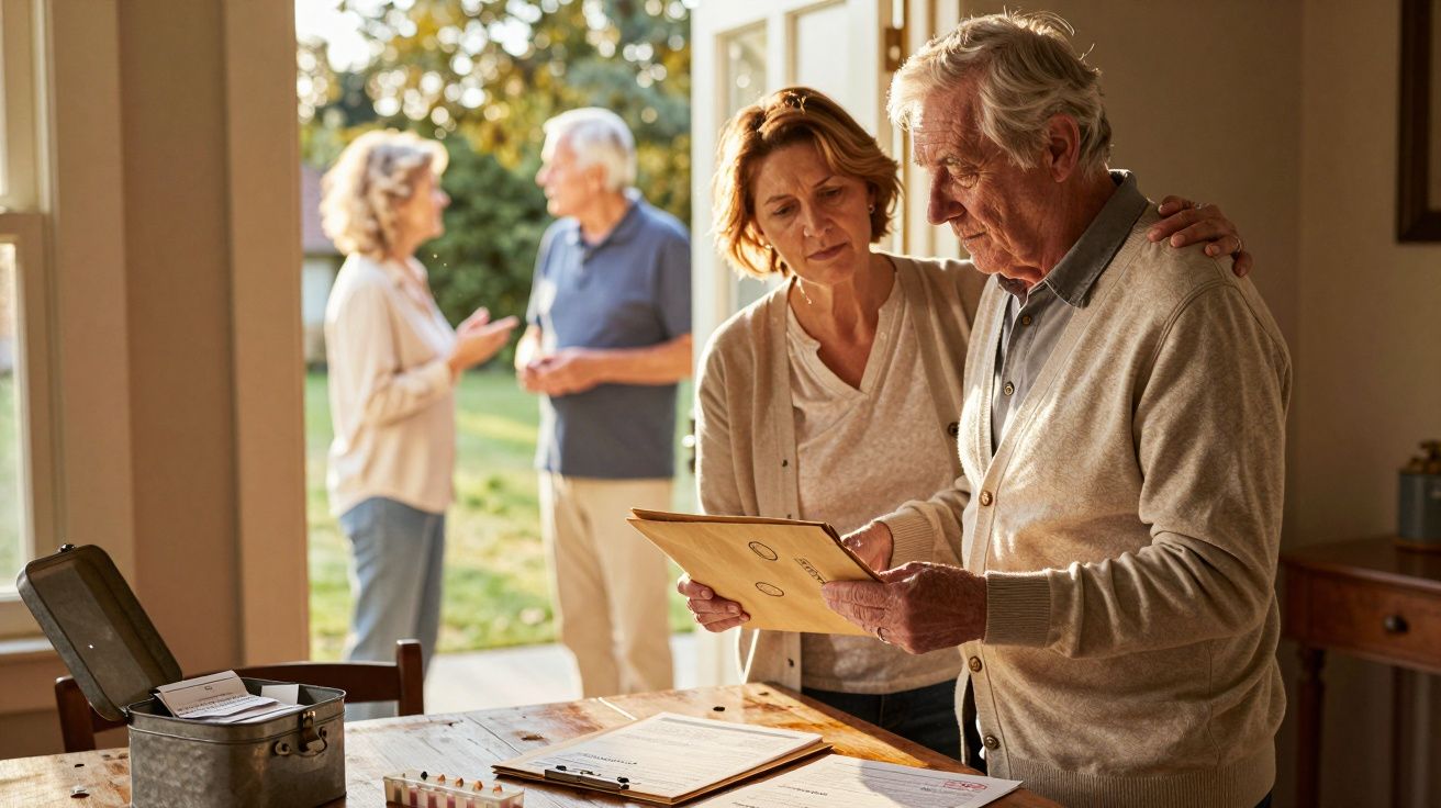 Casal mais velho lendo documentos numa mesa, com outro casal ao fundo conversando junto à janela aberta.