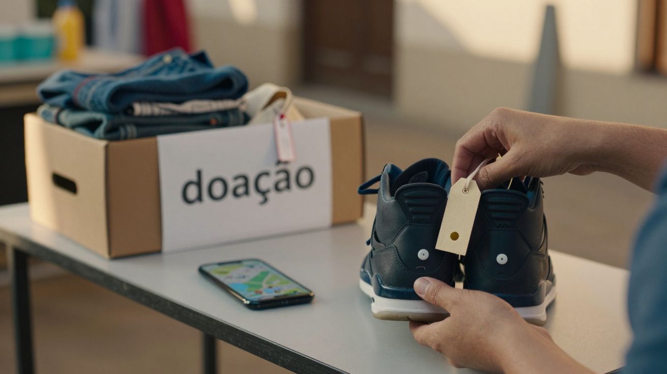 Mãos segurando ténis com etiqueta, caixa de doação e telemóvel sobre mesa.