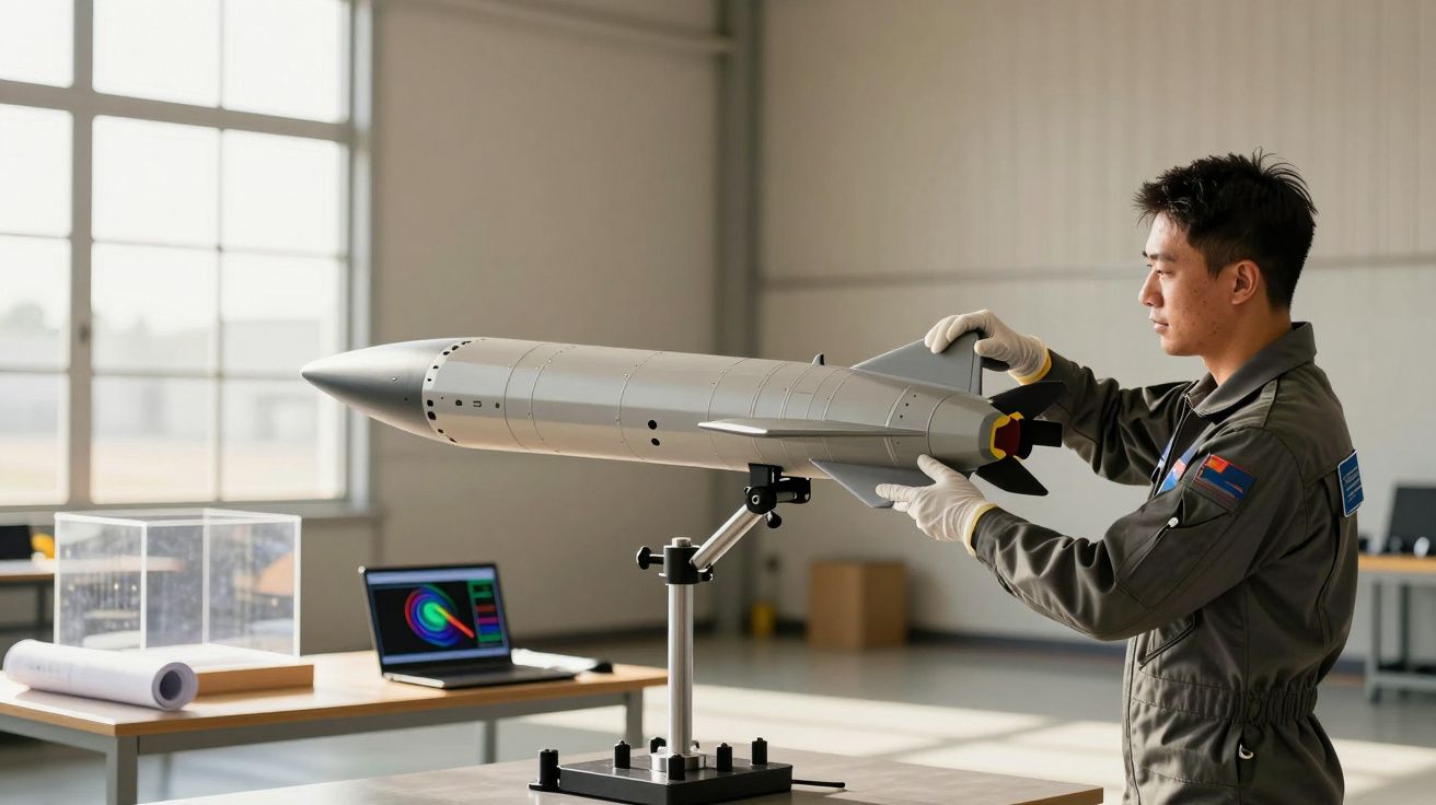 Homem em fato de voo ajusta modelo de foguete em laboratório, com computador e janela ao fundo.