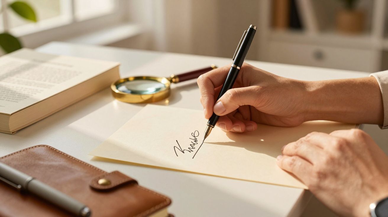 Pessoa a assinar uma carta num escritório, com lupa e livro sobre a mesa.