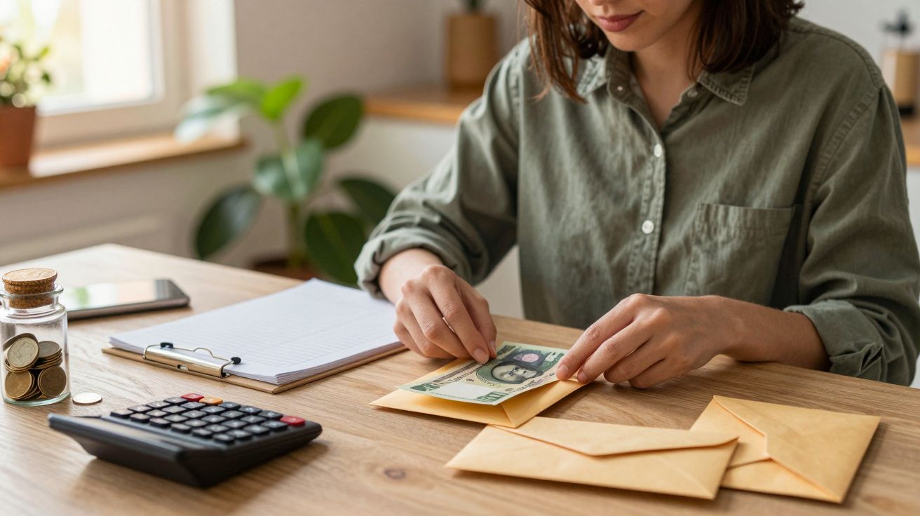 Mulher em camisa verde guarda dinheiro em envelope na mesa com calculadora, moedas, bloco de notas e plantas.