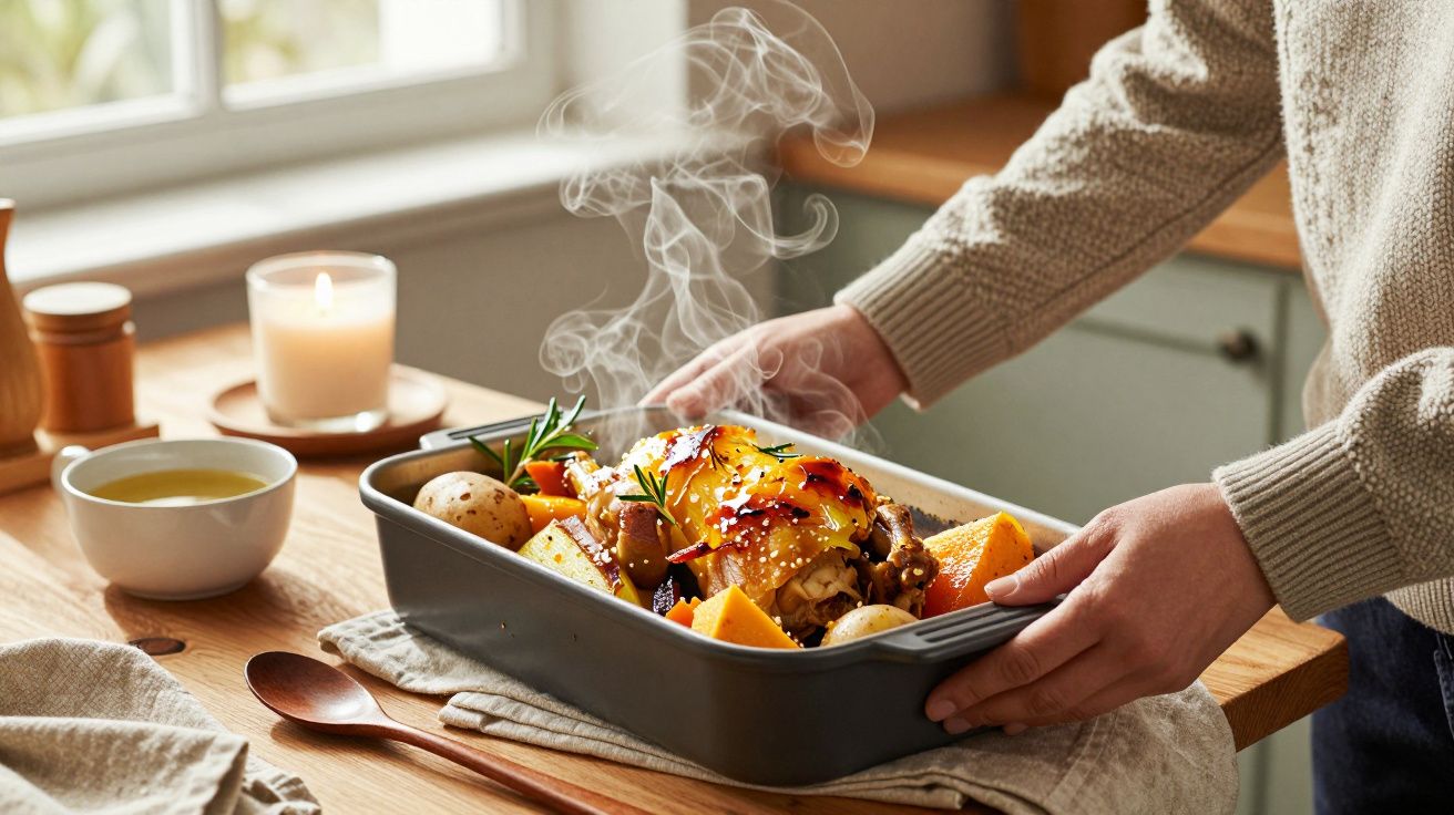 Pessoa a servir um assado de carne quente com batatas e ervas, numa cozinha iluminada.