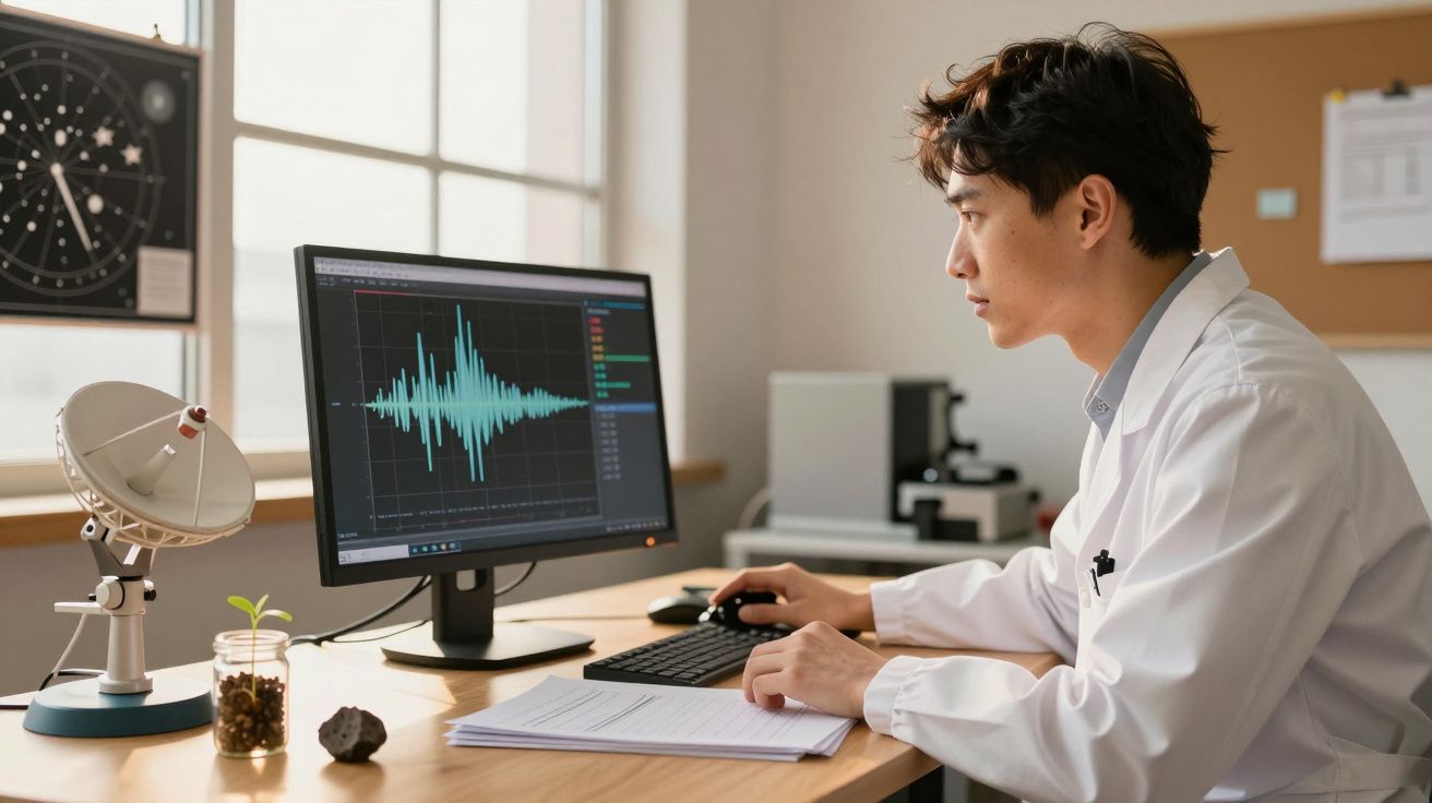 Cientista analisa dados de ondas num computador, cercado por documentos, bússola e planta em vaso.