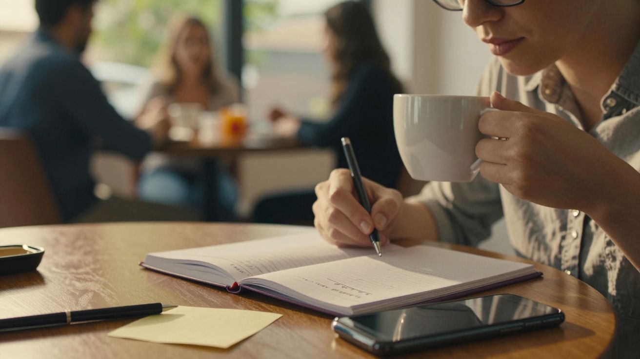 Mulher a escrever num caderno enquanto bebe café, num ambiente de café com pessoas ao fundo.