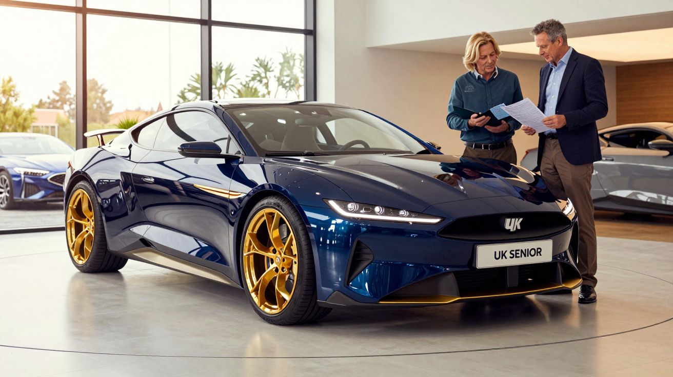 Carro desportivo azul escuro com jantes douradas em exposição numa sala de exposição, duas pessoas a conversarem ao lado.