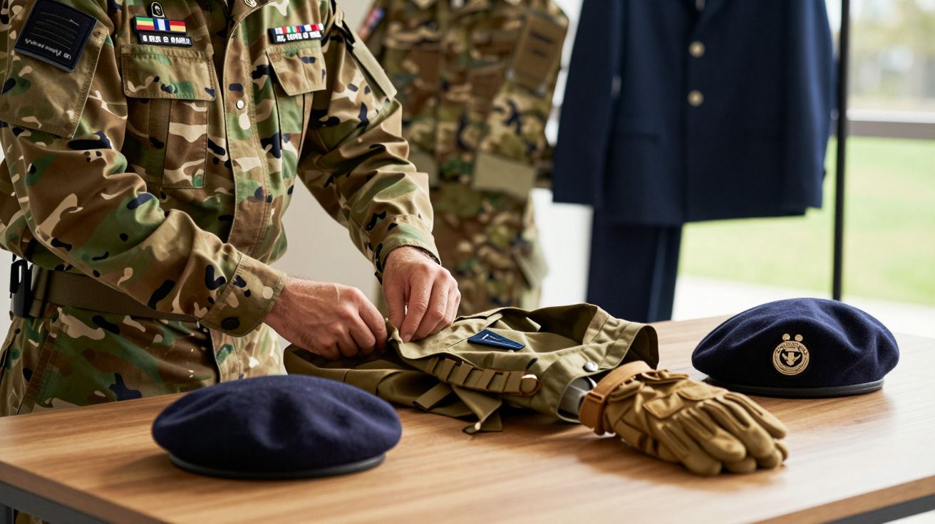 Militar em uniforme camuflado ajustando acessórios numa mesa com boinas e luvas, fardas ao fundo.