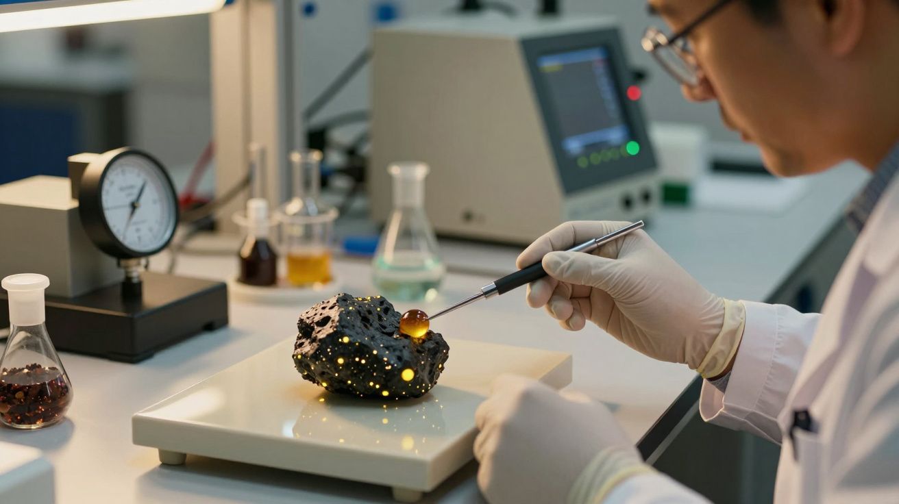 Cientista analisa amostra rochosa com luzes, usando ferramenta em laboratório, equipamentos e frascos ao fundo.