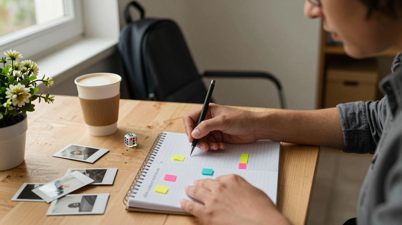 Pessoa a escrever num caderno com post-its, ao lado de uma planta, café e fotos, numa mesa de madeira.