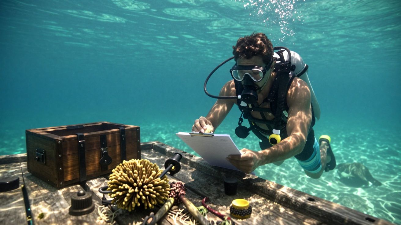 Mergulhador analisa cofre subaquático e anota observações num bloco de notas, rodeado por objetos e corais no fundo do mar.