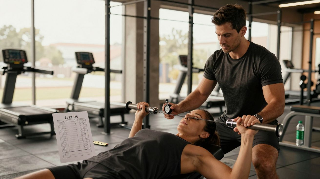 Homem a ajudar mulher a levantar pesos numa bancada de ginásio, com passadeiras ao fundo.