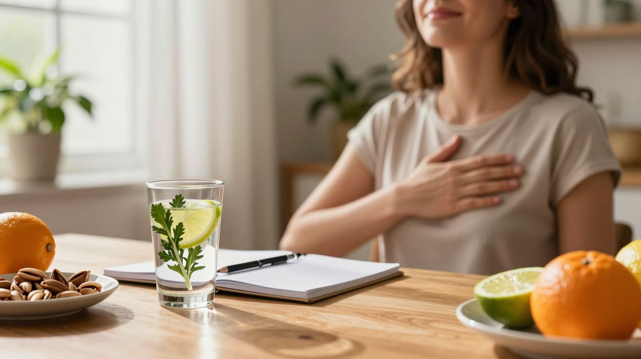 Mulher meditando à mesa com água, limão e coentros, rodeada por laranjas e amêndoas. Caderno e caneta ao lado.