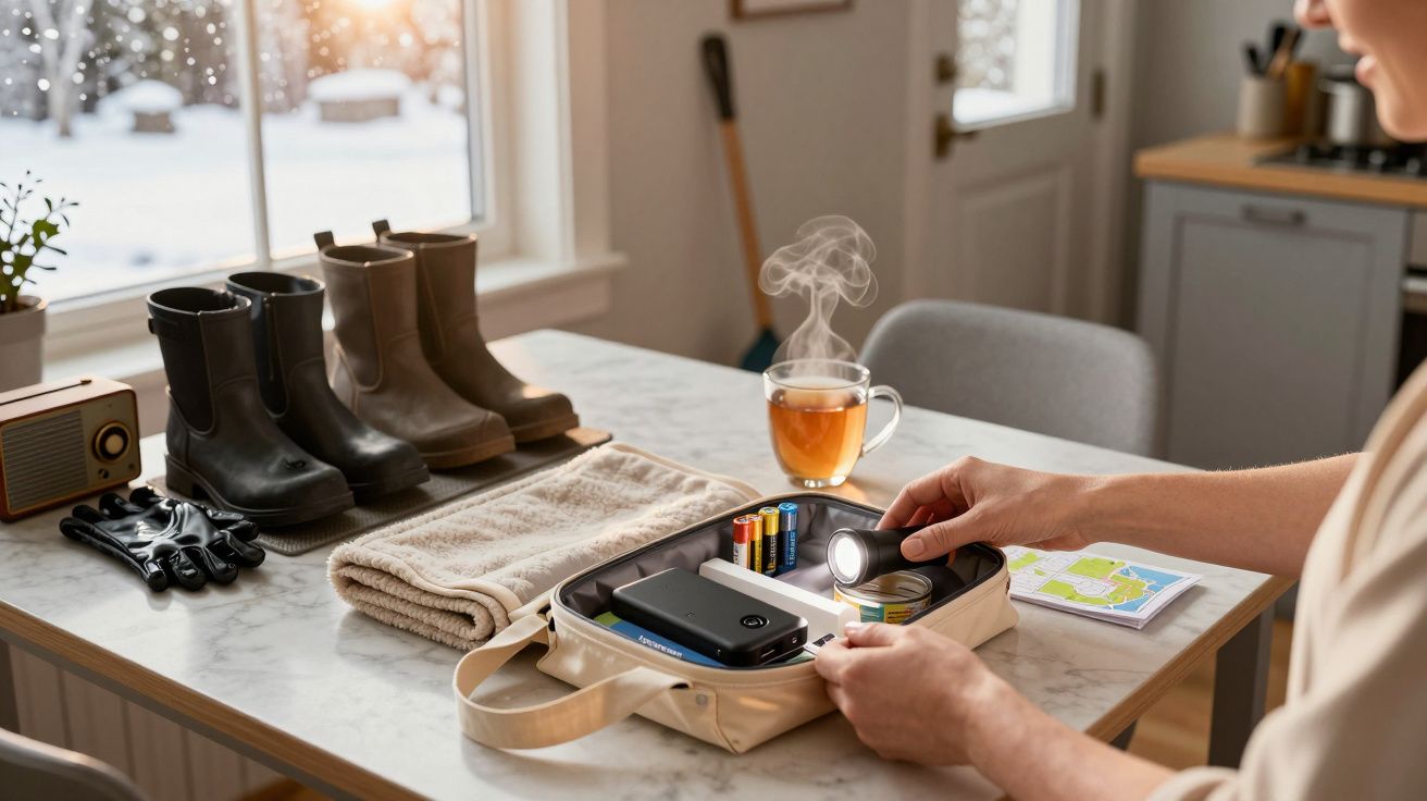 Pessoa prepara kit de emergência numa mesa com chá, botas, luvas e mapa, com cenário de neve ao fundo.