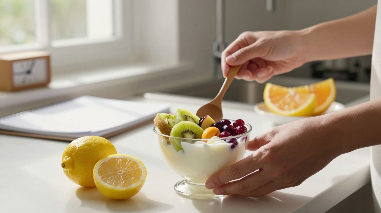 Pessoa prepara tigela de iogurte com frutas frescas ao lado de limão e bloco de notas numa cozinha iluminada.