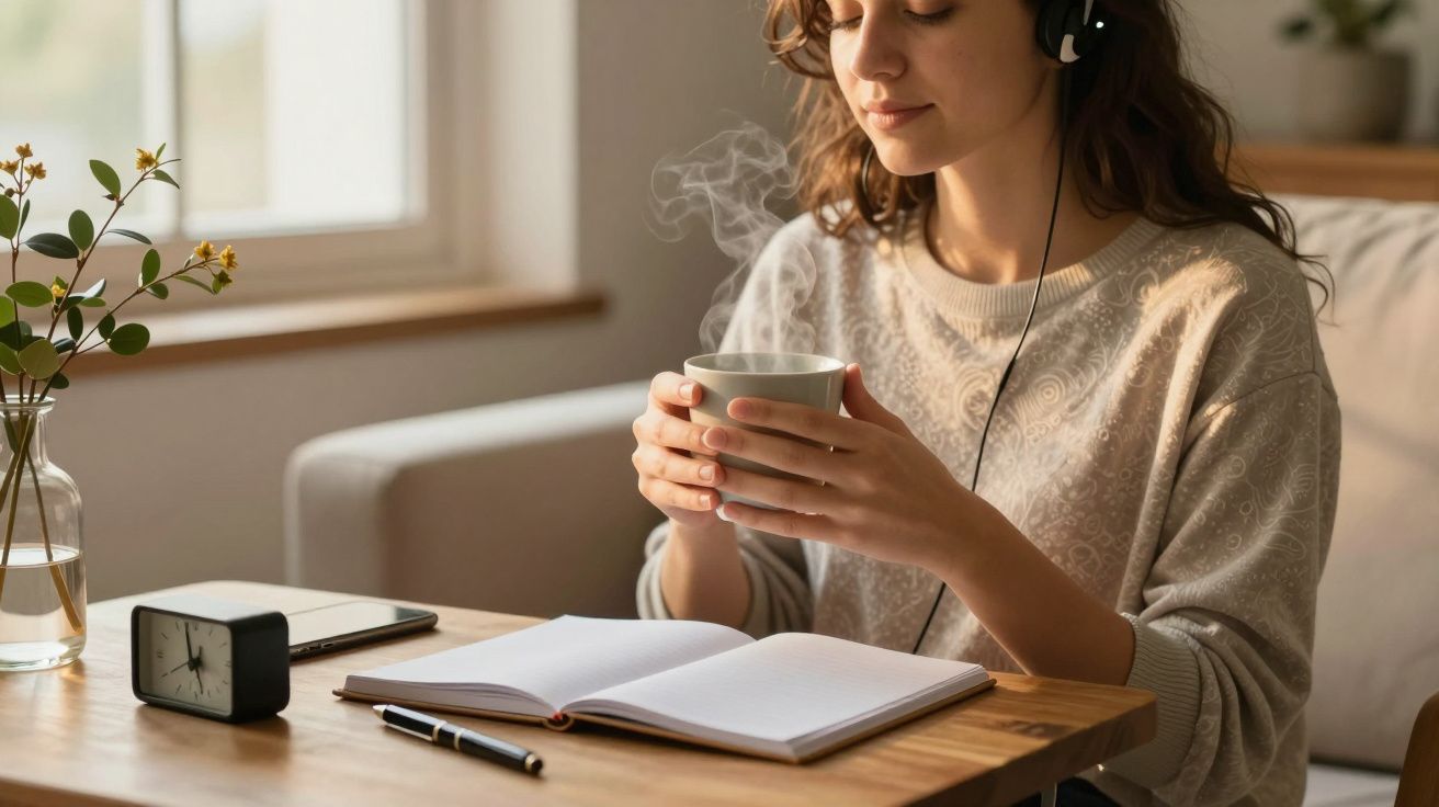 Mulher jovem a ouvir música e a segurar uma chávena de café ao lado de um caderno aberto numa mesa de madeira.