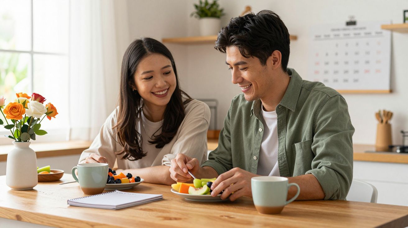 Casal sorridente a partilhar um pequeno-almoço saudável com frutas numa cozinha iluminada.