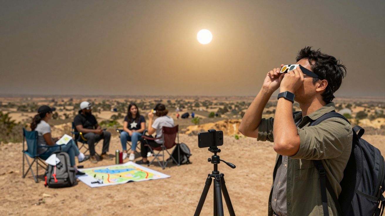 Grupo a observar o eclipse solar num deserto, com um indivíduo em pé a usar óculos de proteção.