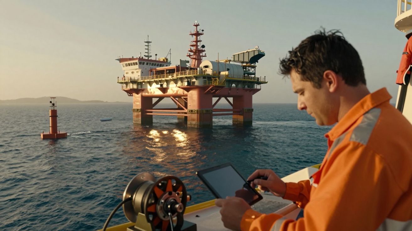 Homem em uniforme laranja usando tablet perto de uma plataforma de petróleo no mar ao pôr do sol.