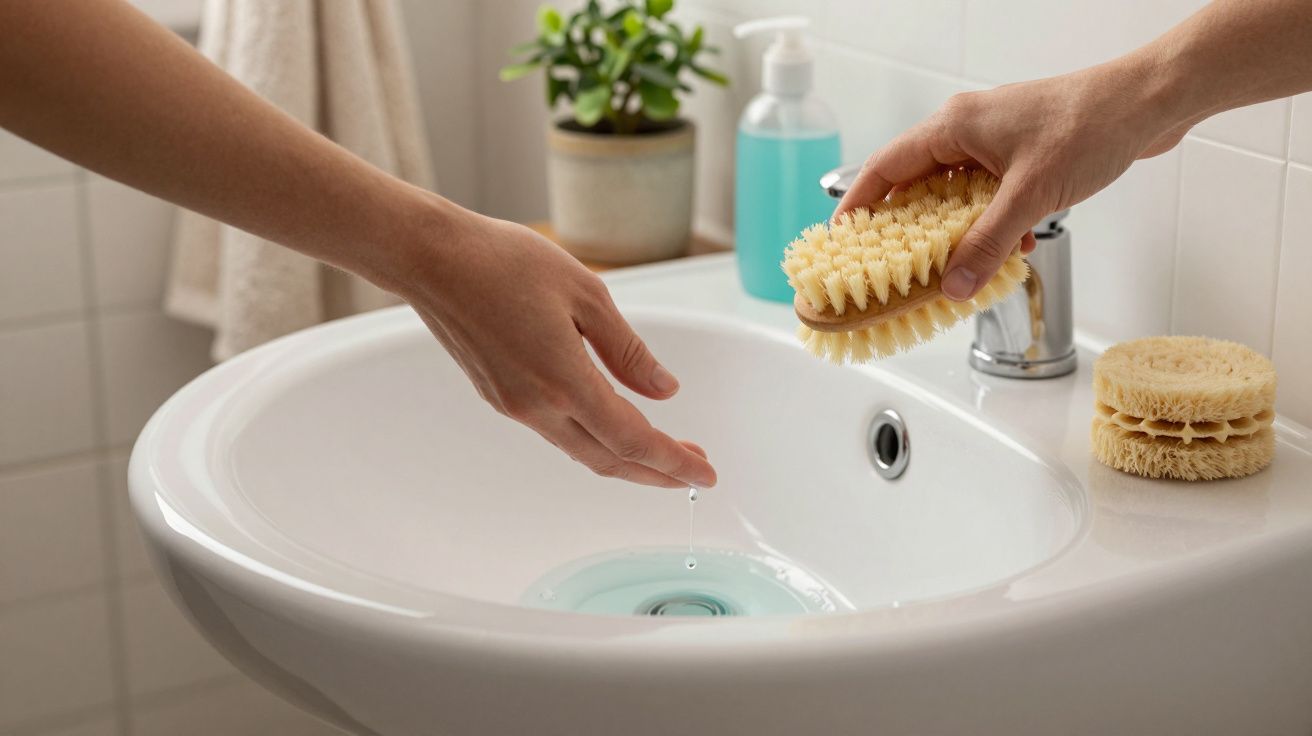 Mão segurando escova sobre lavatório com água azul; planta e dispensador no fundo.