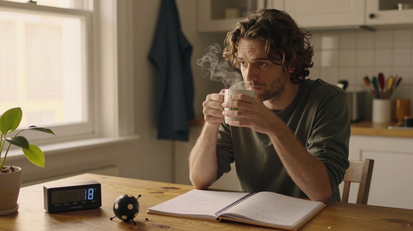 Homem sentado à mesa a beber café, com caderno aberto, relógio digital e planta ao lado, numa cozinha iluminada.