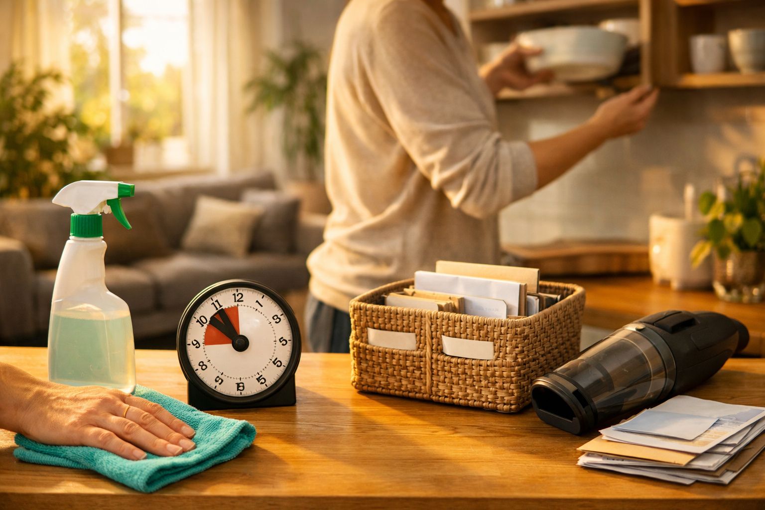 Pessoa a limpar a sala com spray e pano; relógio, cesto e aspirador sobre a mesa.
