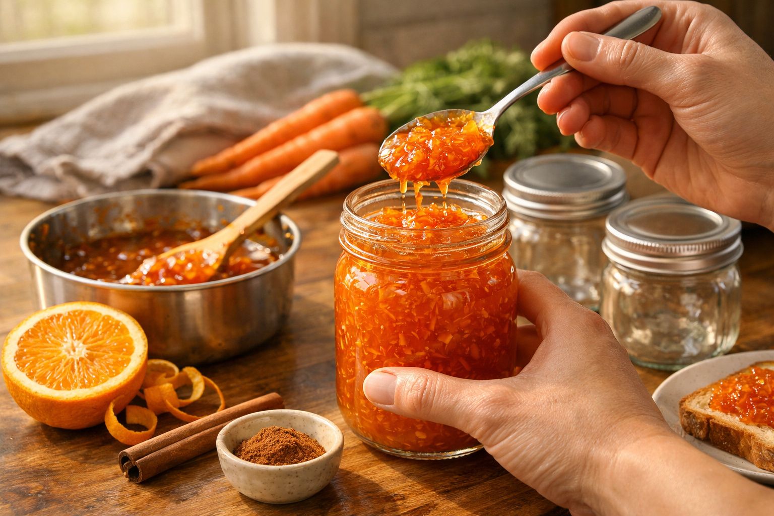Pessoa a colher compota de cenoura e laranja de um frasco, rodeada por ingredientes frescos e utensílios de cozinha.